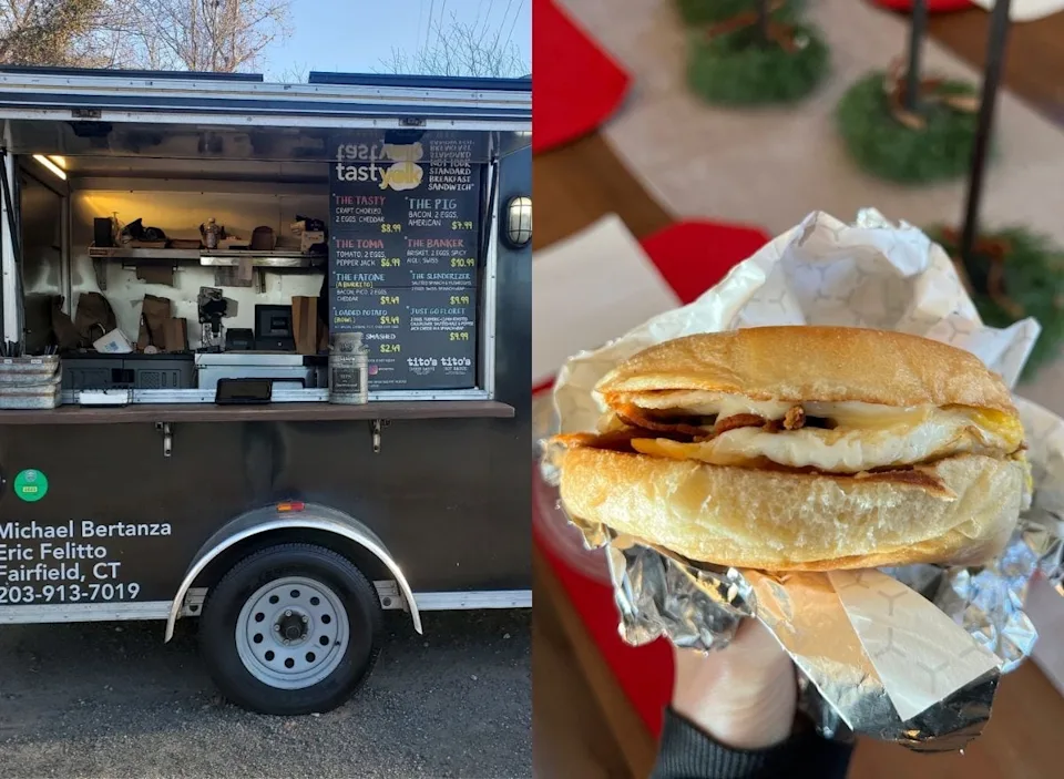 Composite of image of Yolk food truck next to image of breakfast sandwich