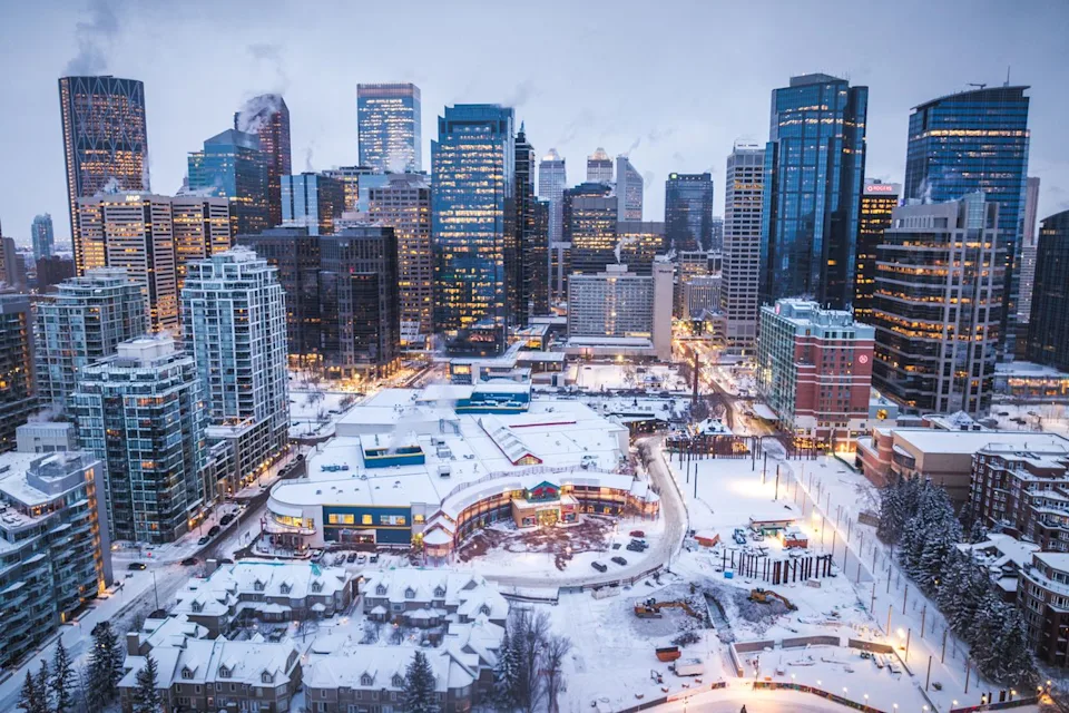 Posnov/Getty Images Aerial view of downtown Calgary in winter.