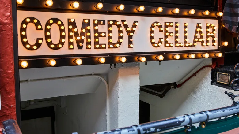Sign for the Comedy Cellar near Washington Square Park in NYC