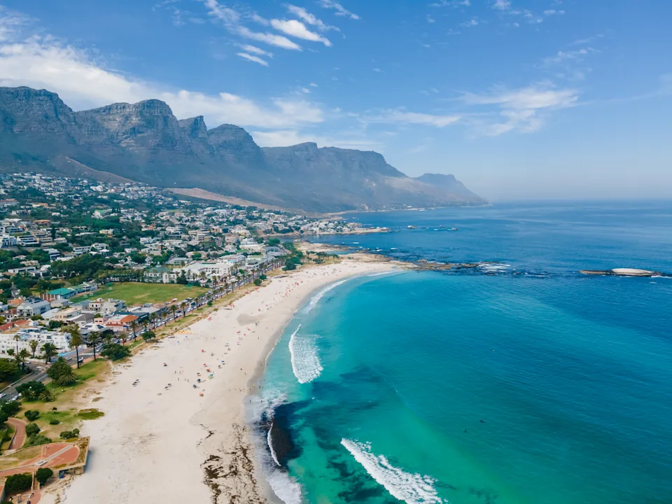 Camps Bay Cape Town , Camps Bay beach drone aerial view during summer in Cape Town Sout Africa, drone view at the beach during summer