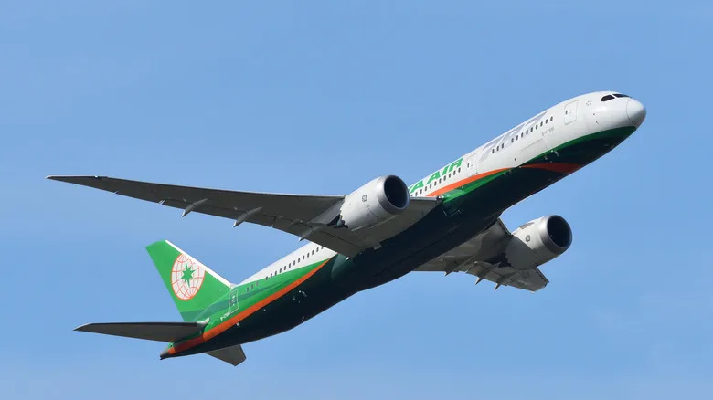 An EVA Air plane in the sky