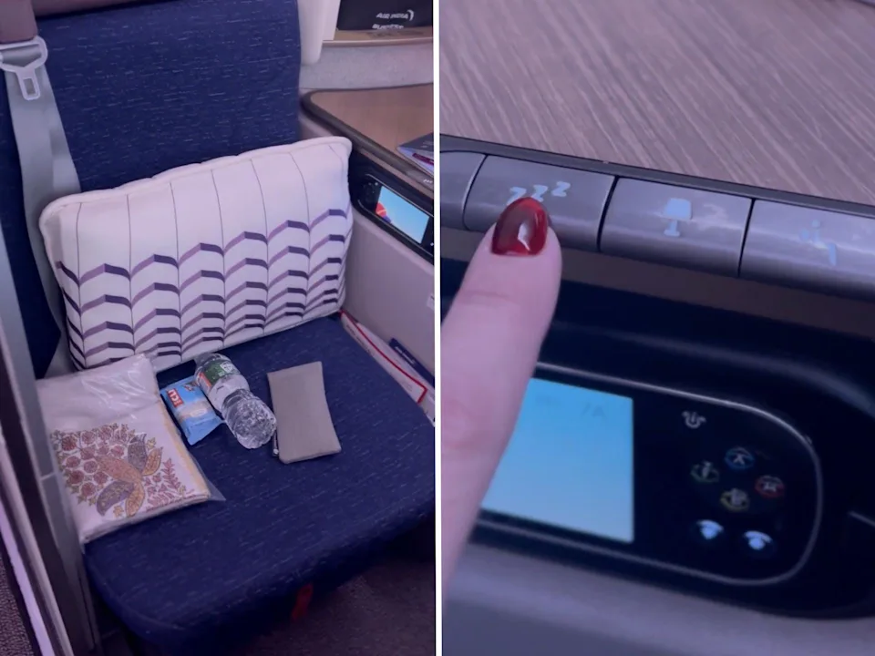 Split Image: The author's seat for the flight, and a close-up of the control panel next to her seat.