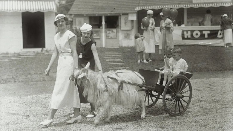 Black-and-white photo of two women leading a cart with two children at the historic Devon Horse Show and Country Fair