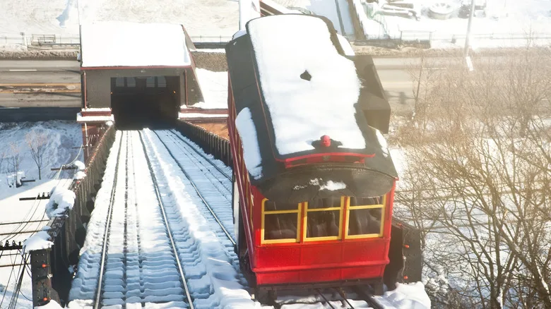 A Monongahela Incline car is viewed from above, its tracks and roof covered in snow