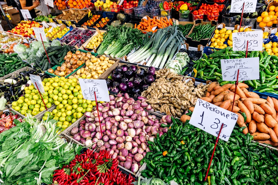 Overview of produce at an Italian market.