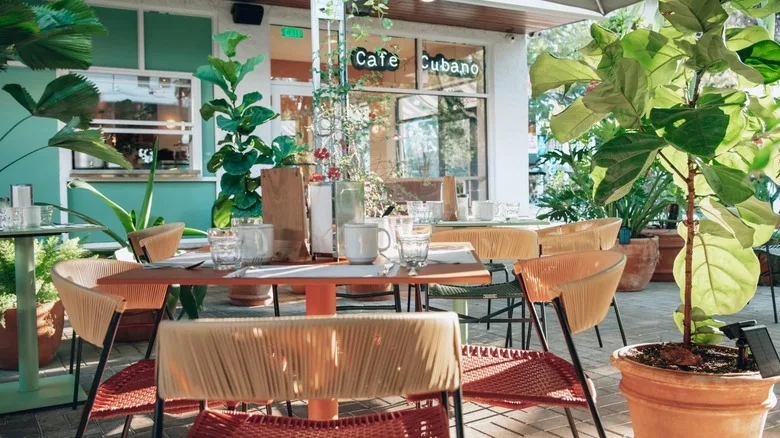 An outdoor seating area at Chug's Diner surrounded by plants in pots