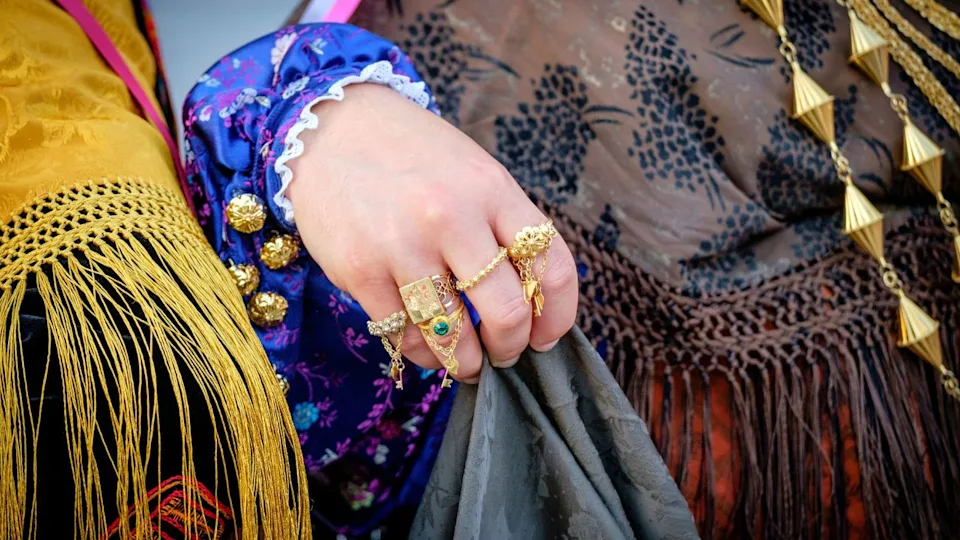 detail of traditional women's costume, Traditional country dance "ball pagès", typical Ibizan dance, Portinax, Ibiza, Balearic Islands, Spain