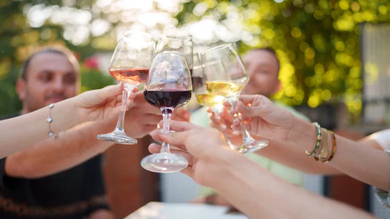 Group toasting with wine glasses outdoors
