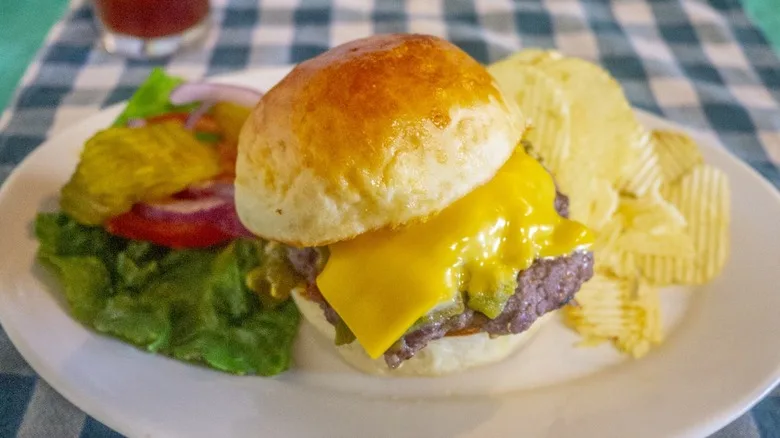 A green chile cheeseburger with yellow American cheese on a white plate with chips
