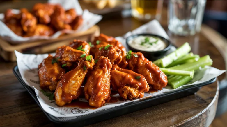 Saucy buffalo chicken wings on a plate with celery and ranch.