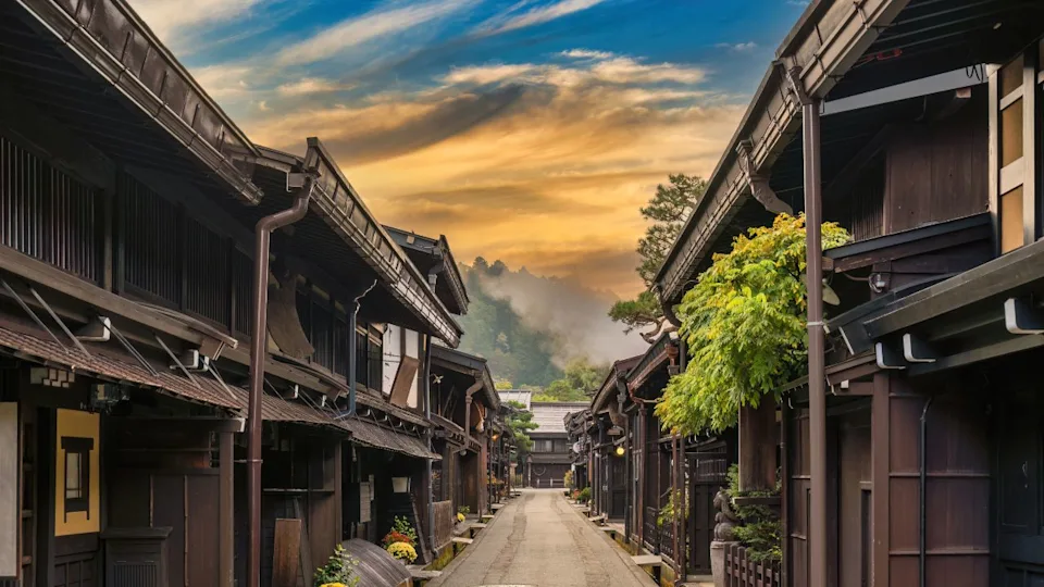 Takayama Gifu Japan, sunrise city skyline at Takayama old town Sannomachi street in autumn season