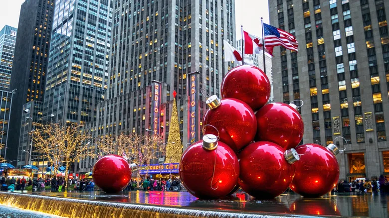 Holiday decorations near Radio City Music Hall in New York City