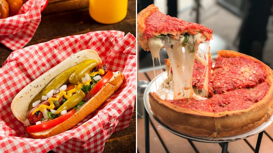 Chicago dog and deep dish pizza