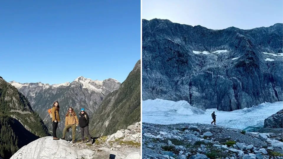 Three hikers atop a mountain and in front of a glacier in Coastal Mountain range of British Columbia