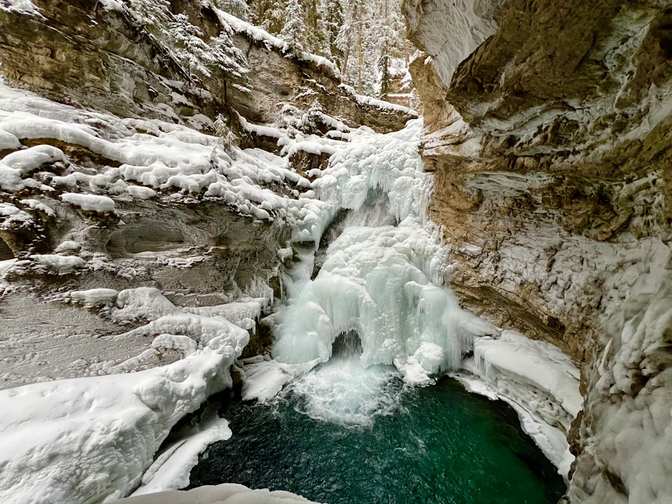 Frozen waterfalls at Johnston Canyon Icewalk in Banff in winter.