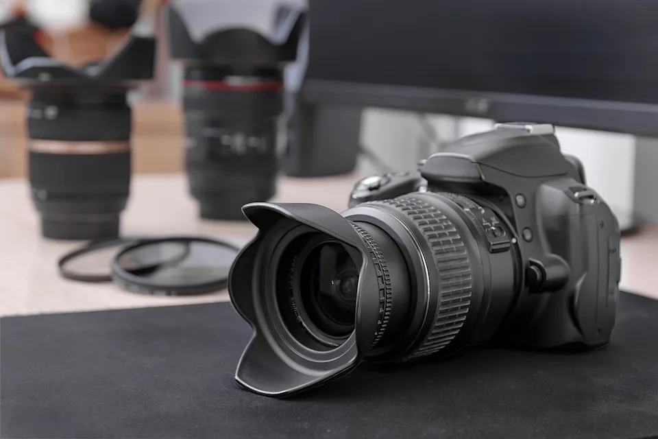 Digital SLR camera equipped with a lens and petal-shaped lens hood. In the background, two additional lenses and lens filters can be seen.