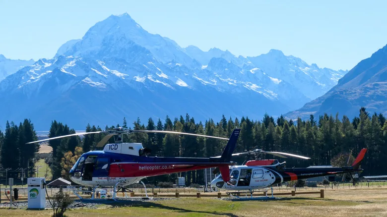 helicopters sitting in Mount Cook National Park in New Zealand