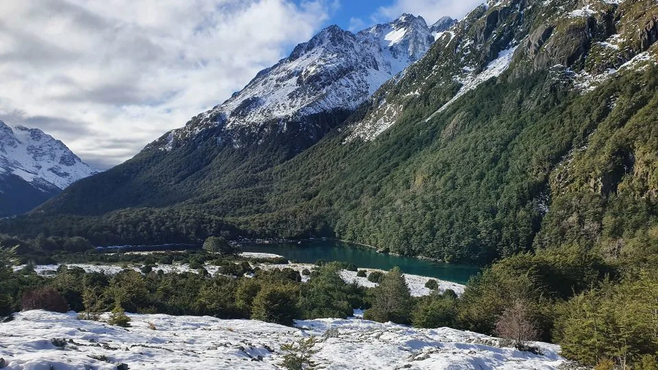 The alpine lake is surrounded by steep forests. - Janet Newell