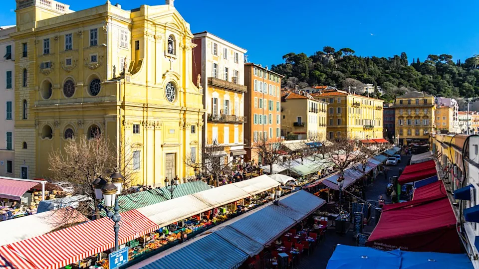 View of Cours Saleya, the famous flea market of the city and popular tourist attraction. Nice, France, January 2020
