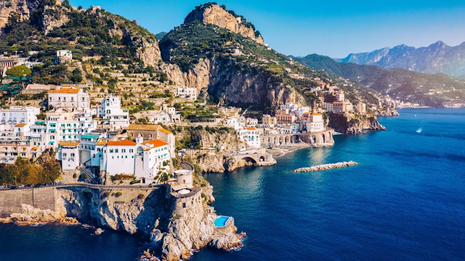 Aerial view of Atrani famous coastal village located on Amalfi Coast, Italy. Small town Atrani on Amalfi Coast in province of Salerno, Campania region, Italy. Atrani town on Amalfi coast, Italy.
