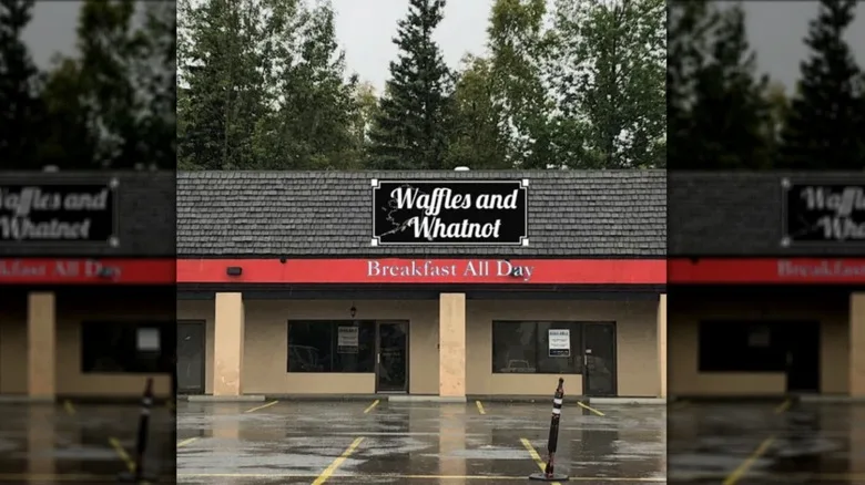 Exterior of Waffles and Whatnot with an empty parking lot out front