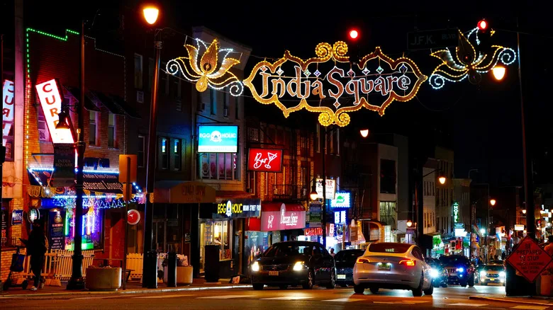 India Square at night with Indian restaurants in the area, Jersey City, NJ
