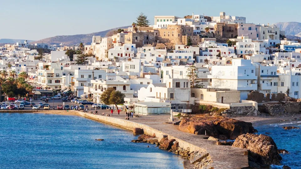 Naxos island aerial panoramic view. Naxos is the largest of the Cyclades island group in the Aegean, Greece