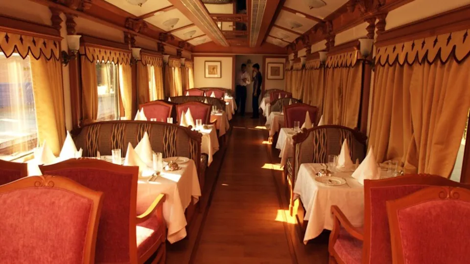 View on old style train restaurant with luxury furniture