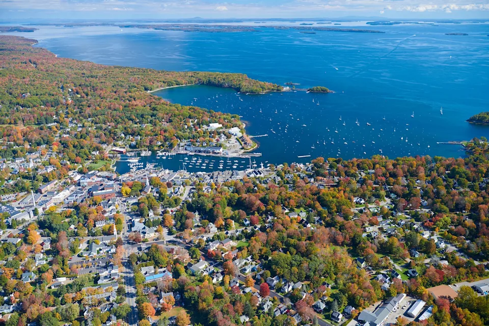 Aerial views of Camden, Maine and the coastline of the Gulf of Maine.