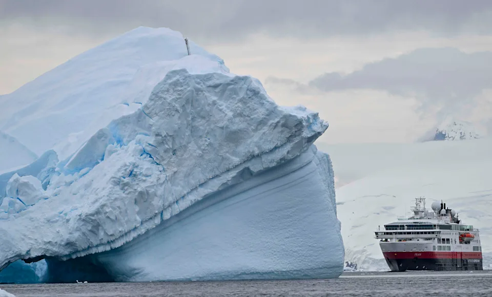 The MS Fram Cruise ship sails at the Gerlache Strait which separates the Palmer Archipelago from the Antarctic Peninsula, on Jan. 20, 2024.