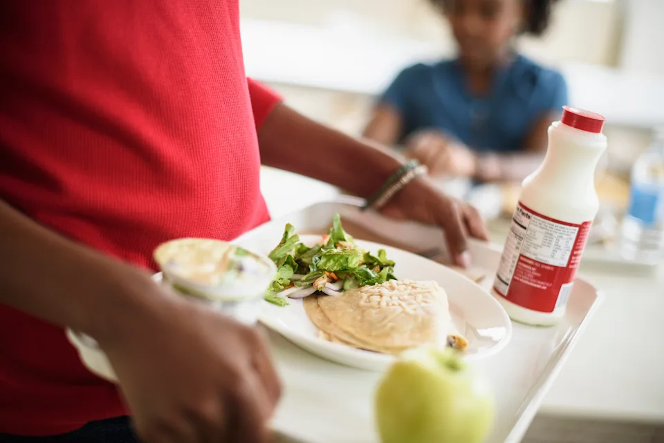 Person carrying a tray with salad, wrap, yogurt, an apple, and a milk carton in a cafeteria setting. Another person is in the background