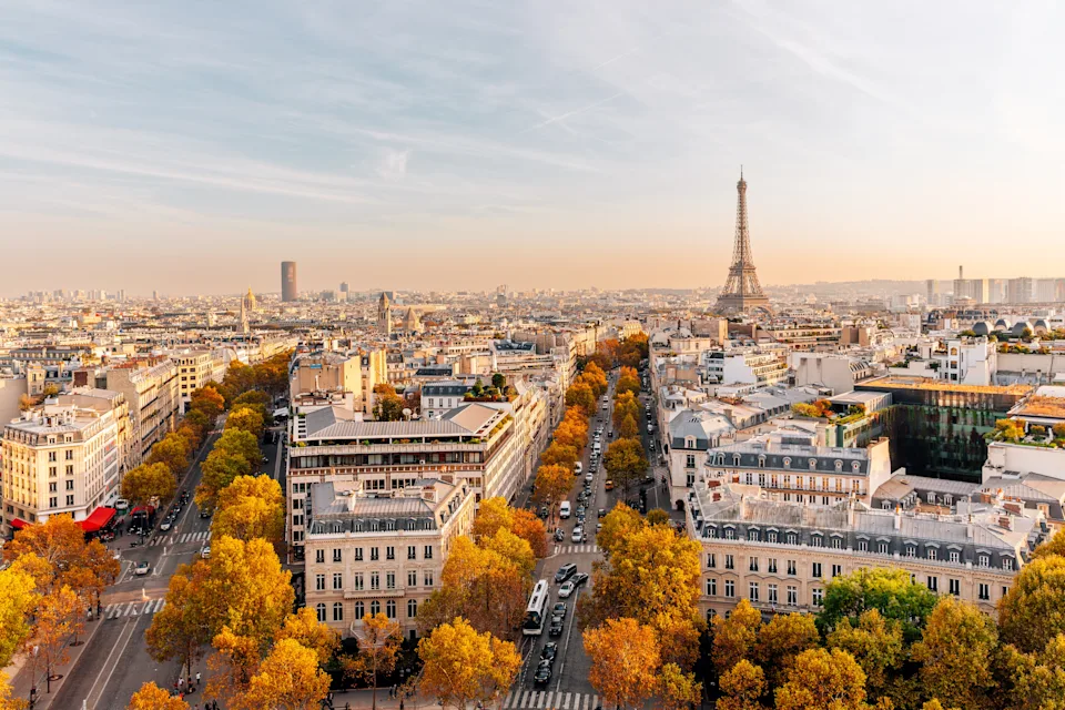 Aerial view of Paris showing the Eiffel Tower and tree-lined streets with autumn foliage