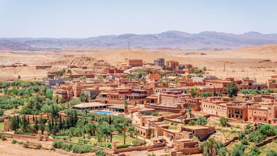 Aït Benhaddou in Morocco, a fortified village kasbah (ksar) of Aït Benhaddou in the foothills of the High Atlas Mountains