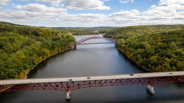 Aerial view of the Taconic State Parkway over reservoir