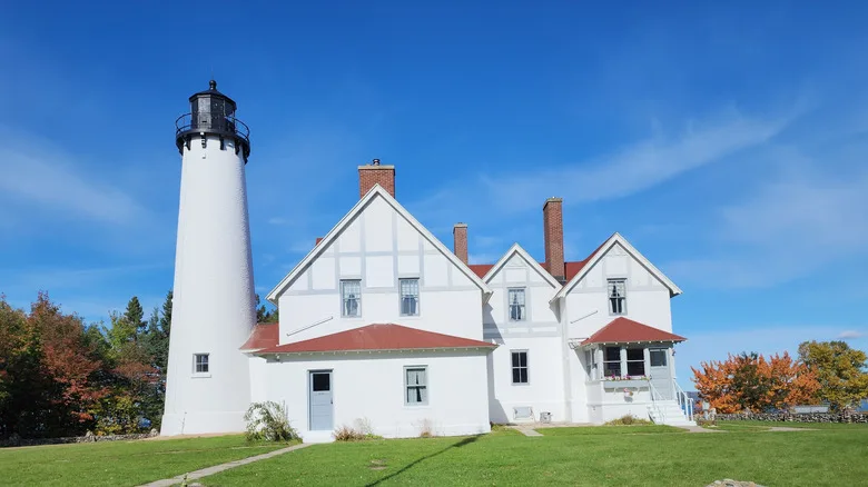 Point Iroquois Lighthouse atop a hill