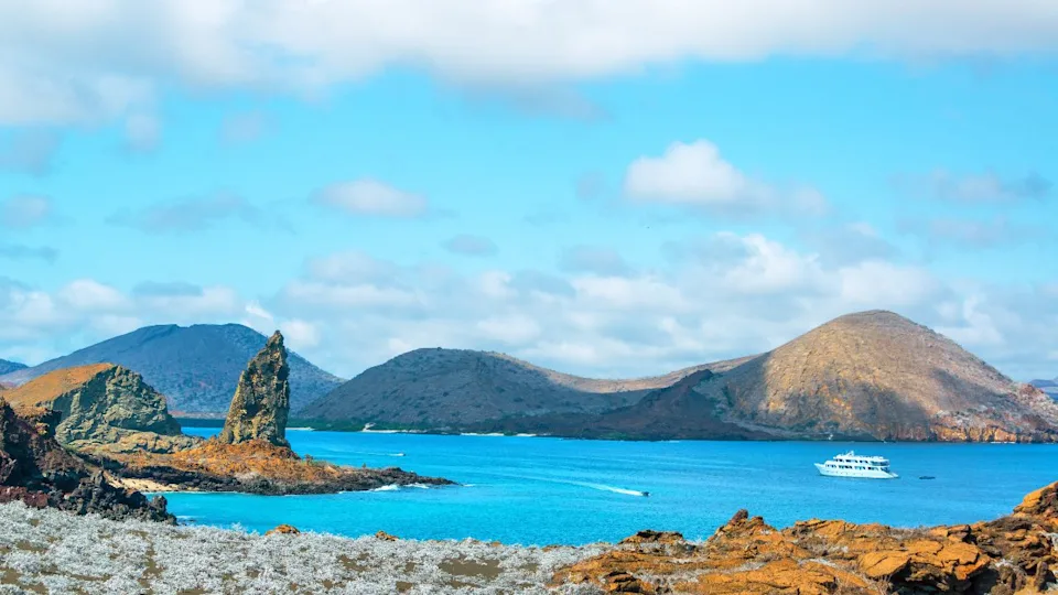 View of Pinnacle Rock and Sullivan Bay in the Galapagos Islands