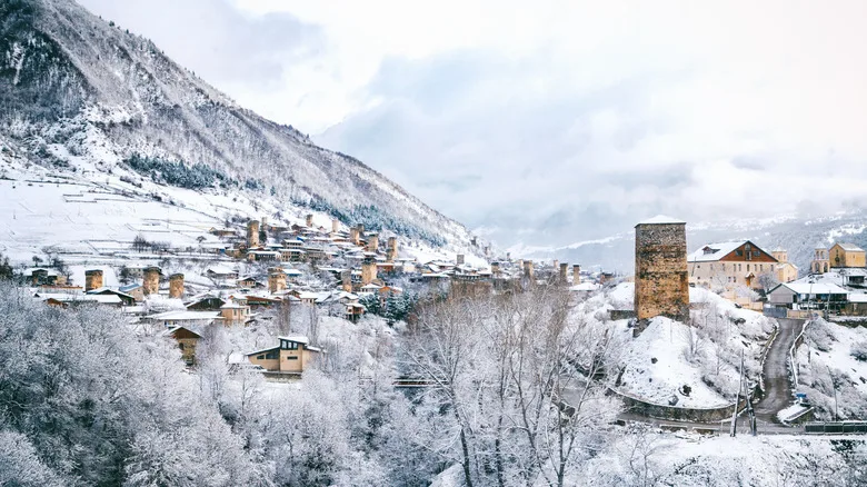 A tiny snowy mountain town