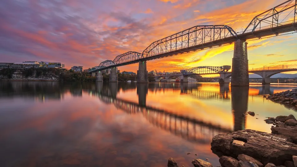 Chattanooga, Tennessee, USA on the Tennessee River with landmark bridges just after sunset.