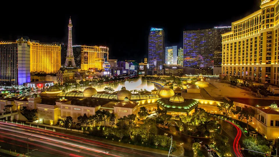 <div>The Las Vegas Strip and Bellagio Water Fountain Show is viewed after dark on February 10, 2023 in Las Vegas, Nevada. (Credit: George Rose/Getty Images)</div>