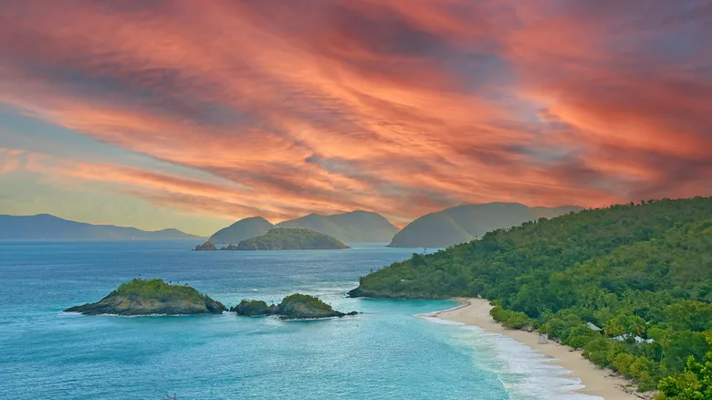 Sunset at Cinnamon Bay Beach in Virgin Islands National Park, St. John, US Virgin Islands