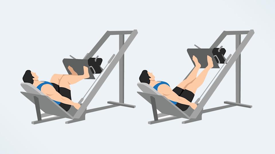 an illo of a man using a leg press machine