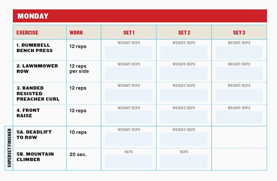 exercise plan outlining a weeks workout routine for monday