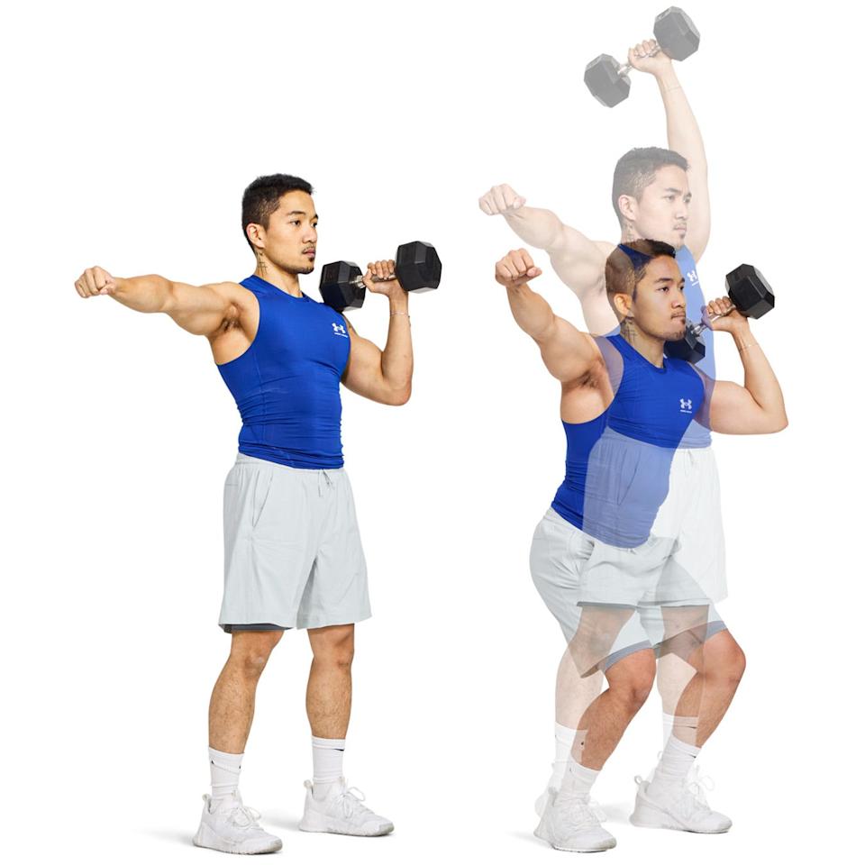 demonstration of a strength training exercise using dumbbells