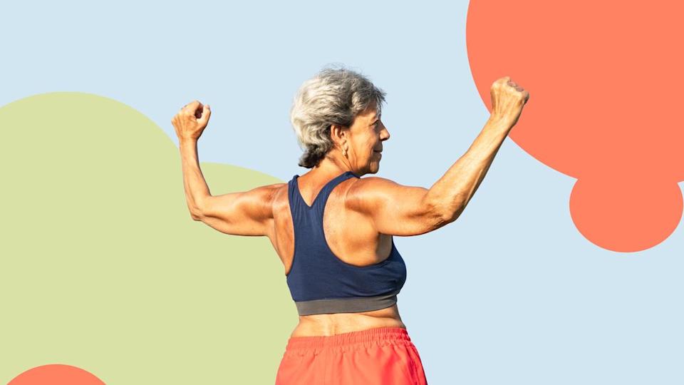  A photo of a senior woman with strong arms. 