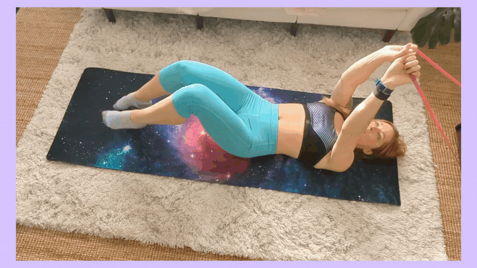 A simple resistance band can increase the challenge of this movement. 