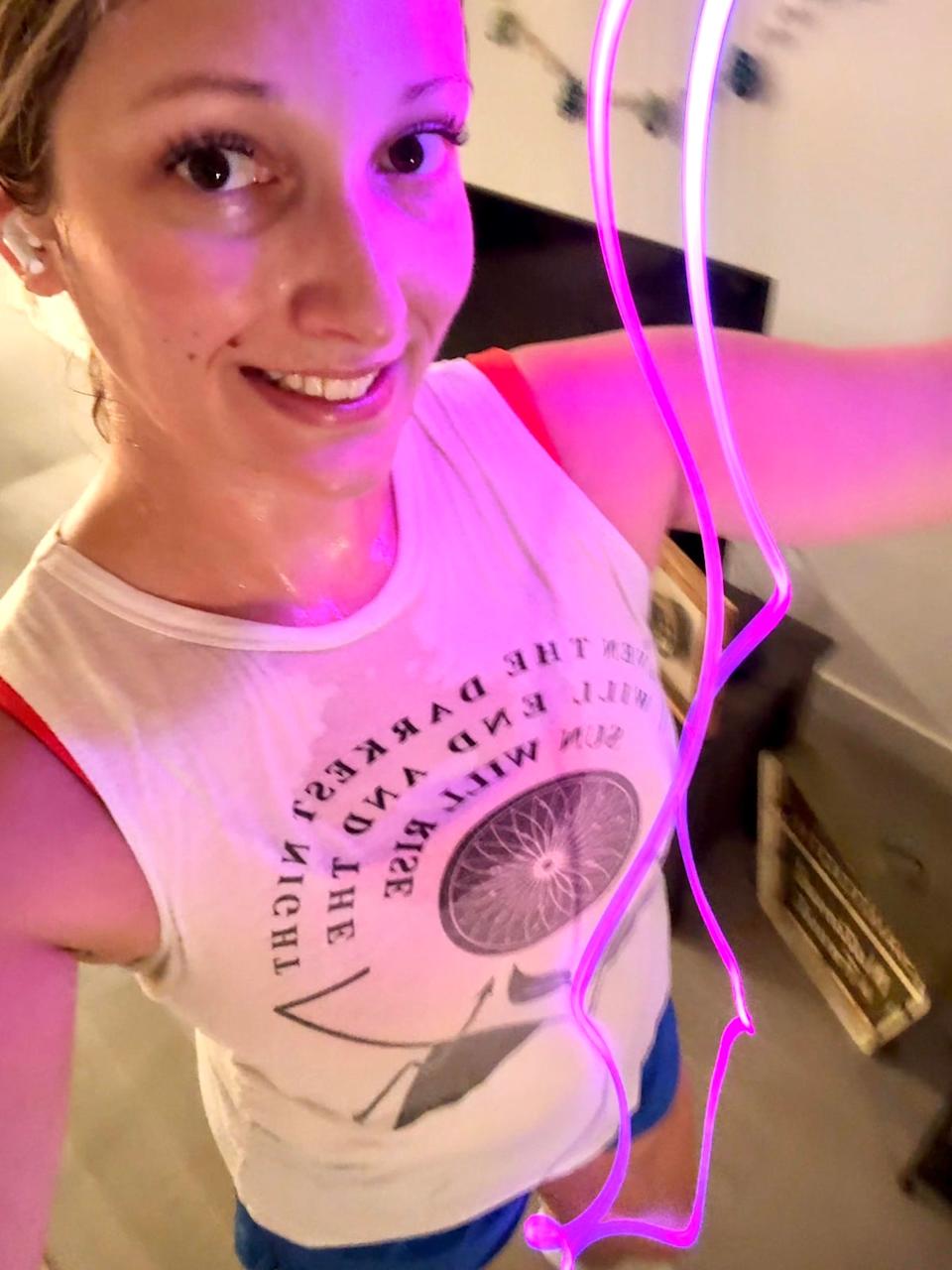 Julia shows off her rainbow LED jump rope, which made the activity somewhat more enjoyable (Julia Musto/The Independent)