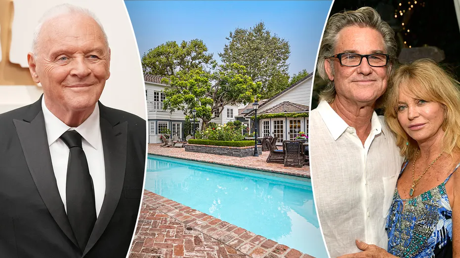 A three way split of Anthony Hopkins, a backyard and Goldie Hawn and Kurt Russell.