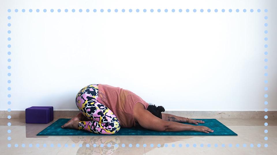 This relaxing pose helps open your hips and chest. 
