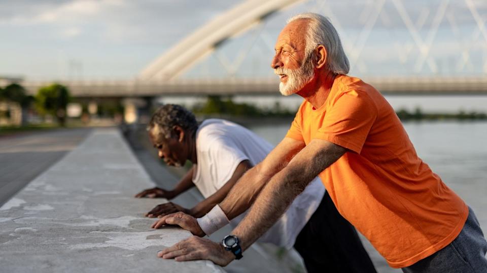Man in an orange tshirt and man in a white tshirt behind him both sideways to the camera performing press ups against a low wall outside. .
