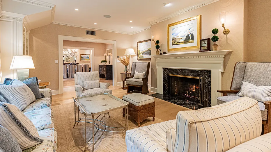 The living room features a wood-burning fireplace.